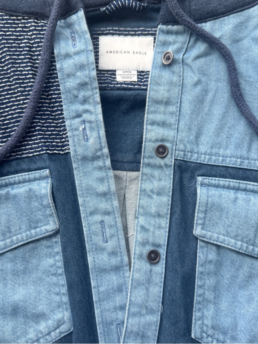 American Eagle Outfitters Two-Tone Blue Denim Jacket with Hood